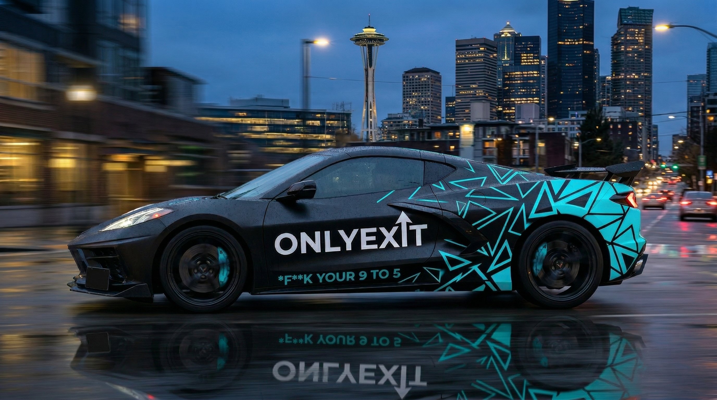 OnlyExit branded Corvette C8 on the streets of Seattle